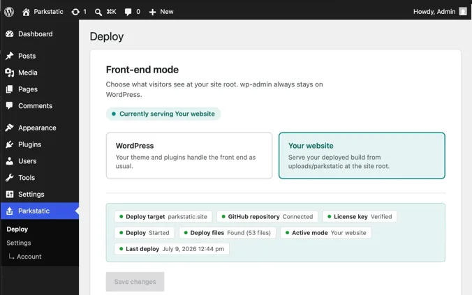 Parkstatic deploy settings inside the WordPress dashboard