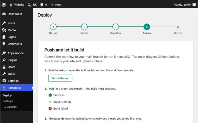 Parkstatic version history inside the WordPress dashboard